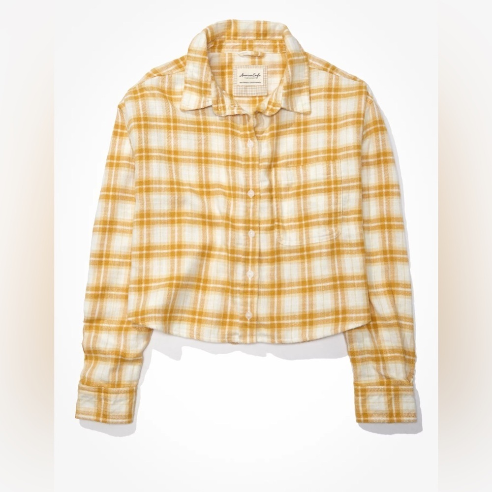 American Eagle Cropped Flannel Plaid Button Down Long Sleeve Cotton Yellow Cream - Picture 9 of 10
